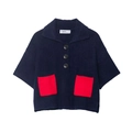 Cardigan a maniche corte in maglia blu navy con colletto polo e tasche rosse - S / Blu navy