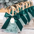 Frosted gift bag with wooden U-handle, dark green ribbon bow and birthday cupcake tag - Forest Ribbon + Birthday Cake Tag + Raffia