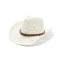 Handwoven white hollow cowboy straw hat with brown leather band and skull metal buckle - M(56-58cm) / White