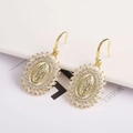 Golden Virgin Mary oval earrings with micro-inlaid cubic zirconia and hook design - Stud Earrings-2