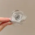 Silver-grey rose fabric hair claw clip for elegant high ponytail styling and bun fixing - #1 [blue-gray] 4cm