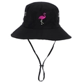 Detail of black sun hat with pink flamingo embroidery and adjustable chin strap - Adjustable / Black