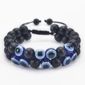 Bracciale a doppio strato da 10mm in pietra naturale nera opaca e blu malocchio per uomo - Bracciale Evil Eye