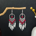 Bohemian dreamcatcher silver earrings with red beads and feather charms - Red