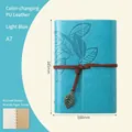 Light blue A7 vintage leaf notebook with embossed PU leather cover and metal charm - Lined / Light Blue / A7