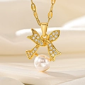 Elegant gold bow necklace with sparkling crystals and a white pearl drop on silk - Artificial Pearl Bowknot (F209)