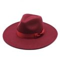 Classic wine red wide brim wool fedora hat with elegant ribbon bow for men and women - M / Burgundy