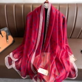 Detail of a thin silk-like scarf featuring red rose patterns and pink borders - Wine Red Camellia / 180CM-130CM
