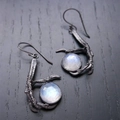 Gothic claw earrings in vintage silver finish featuring blue moonstone accents - Antique Silver