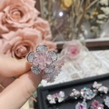 Detailed macro view of the 18K silver and pink rhinestone double flower ring - Style 0246-Double Layer Flower