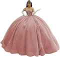 Pink off-shoulder ball gown with shimmering sequins and lace embroidery for prom - Dusty Rose with Train