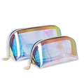 Set de dos neceseres de TPU iridiscente con cremallera dorada en fondo blanco - Azul Holográfico 0,4 mm Pequeño