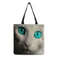 Detalle del bolso tote de lona grande que muestra la tela de lino y el estampado de gato - Primer Plano de Gato Blanco con Ojos Verdes (hm1301)