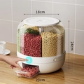 Rotating six-grid grain dispenser in white with clear storage bins and measurement cup - 6-Grid Rotating One-Click Open / 5kg Moon White