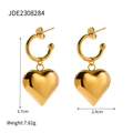 Detailed view of gold heart drop earrings in stainless steel with polished finish - Gold 3D Heart Drop Earrings (JDE2308284)