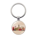 London themed metal keychain with glass dome pendant featuring Big Ben and red bus - London Landmarks Cartoon