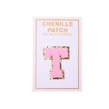 Detail of pink chenille letter T patch with gold glitter border and self-adhesive backing - Letter T