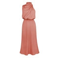 Detail of coral satin sleeveless evening dress featuring an elegant cowl neck and pleats - S / Rose