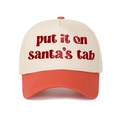 Close-up of Put It on Santa's Tab 3D red embroidery on two-tone festive baseball cap - Cream/Orange Red