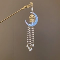 Golden Chinese hair stick with blue crescent moon, mini lantern, and pearl tassels - Moon Resin Lantern Pearl Tassel Hair Stick