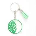 Green acrylic monstera leaf keychain with stylish matching tassel and metal ring - Green Monstera Leaf Pattern (20470)
