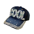 Dark blue denim baseball cap with rhinestone COOL letter and sparkling crystal brim - 65-COOL Colorful Rhinestone-Dark Blue