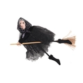 Halloween witch doll hanging decor with black mesh cloak and wooden broom on white background - Grey Witch on Broomstick / Gray