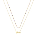 Double layered gold stainless steel necklace featuring colorful enamel beads and letter pendant - Gold Purple