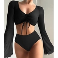 Two-piece black swimsuit with long sleeve drawstring top and high-waisted bottoms - Black
