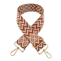 Close-up of adjustable woven shoulder strap with brown wave patterns and gold buckles - Brown