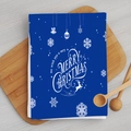 Dark blue Christmas microfiber dish towel with Merry Christmas text on wooden table - Navy White Merry Christmas