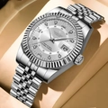 Silver steel strap watch for men with roman numerals dial and date window display - Silver White Dial (EU Standard Butterfly Buckle)