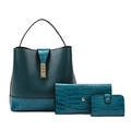 Three-piece deep teal faux leather bag set with crocodile and litchi grain textures - Blue
