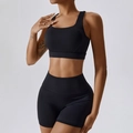 Set yoga nero due pezzi con pantaloncini a vita alta e reggiseno sportivo per allenamento - Nero premium-Completo pantaloncini