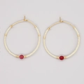Bohemian gold hoop earrings with cream seed beads and a faceted red crystal accent - Red Center Bead (MI-E220217C)