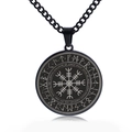 Zwarte Viking Vegvisir kompas ketting met runencirkel op een witte achtergrond - Zwart