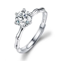 Moissanite ring in S925 silver with a classic six-prong setting and bamboo band design - Adjustable Open / Bamboo 6-Prong 1ct
