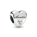 Silver heart-shaped Auntie charm with engraved lettering and sparkling zircon stone - Auntie