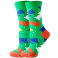Colorful mid-calf cotton socks with festive green holiday tree patterns and orange accents - Green Chess