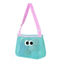 Teal mesh beach bag for kids with pink straps and cute decorative eyes design - Livemork Glasses Style Green Pink Strap Shoulder Mesh Bag