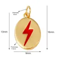Gold plated oval copper charm with red lightning bolt pattern and functional dimensions - L70 Lightning Bolt Red Gold