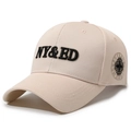 Beige cotton baseball cap with NY&ED 3D embroidery and side earth patch detail - Adjustable / Light Beige