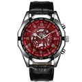 Men's automatic watch with silver octagonal case, dark red dial and black leather strap - Black Leather Strap Red Dial