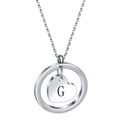 Detail of silver round pendant with heart cutout and engraved letter G on chain - Letter G