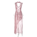 Detail of red floral mesh maxi dress featuring sexy backless crisscross straps - S / Rose Red