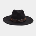 Detail of black wide brim wool fedora hat featuring brown leather band and metal bull head - Western Style Silver Bull Head Brown Belt (Color #14)