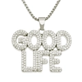 Dettaglio del ciondolo GOOD LIFE color argento con strass su catena veneziana - Lettera GOOD LIFE - Catena a Griglia 0.3*75cm / Argento