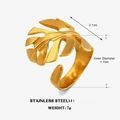 Anillo ajustable de acero inoxidable chapado en oro de 18K con hoja de monstera - Abierto Ajustable / Dorado