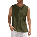 Men's army green cotton linen sleeveless shirt with lace-up V-neck and chest pocket - S / Army Green