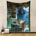Detail of Mediterranean seaside balcony tapestry on beige wall with modern decor items - 73X95CM (Cross-border Brushed) / GT202445
